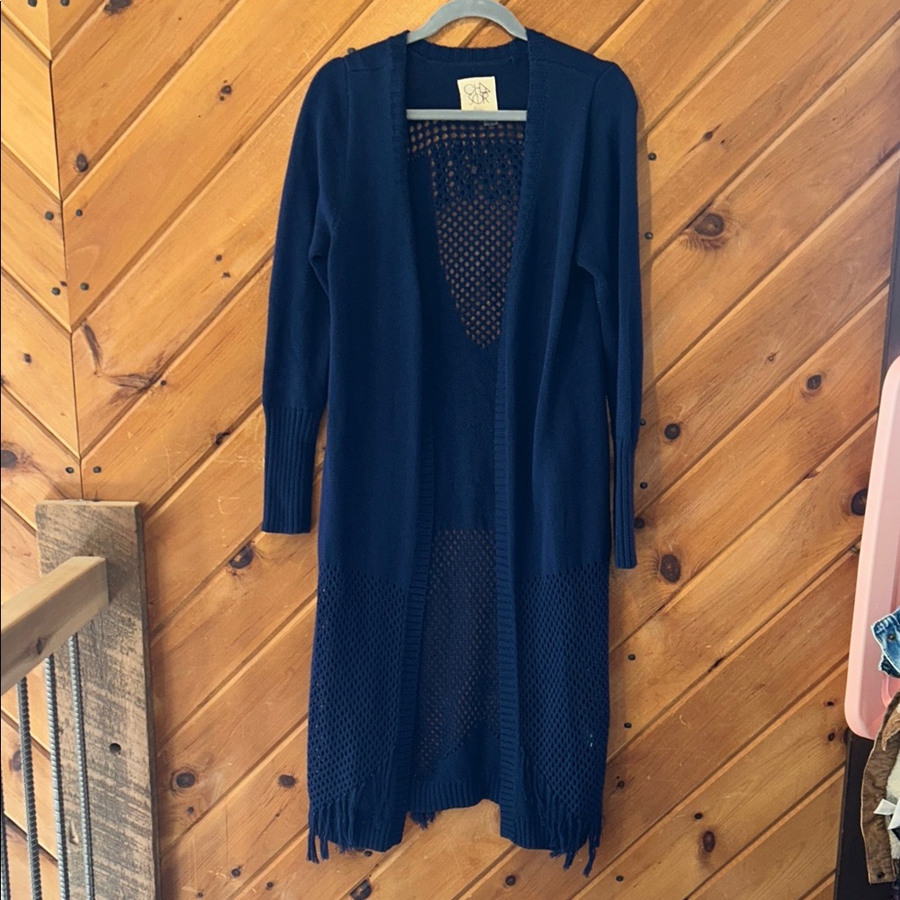 Chaser navy maxi trench cardigan duster with fringe detail